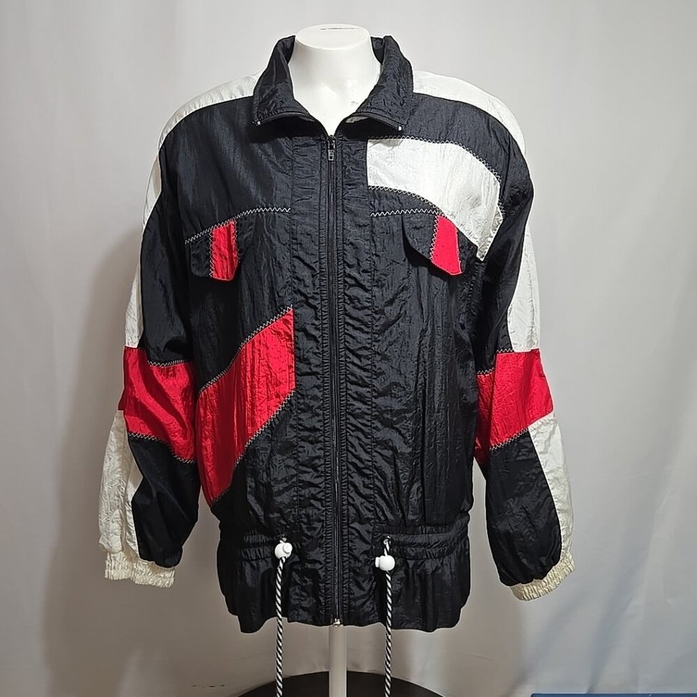 VTG Sunterra Windbreaker Jacket Womens Size Medium Red Black White Colorblock